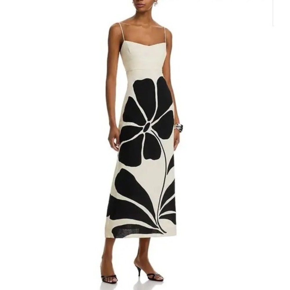 White Closet Linen Blend Maxi Dress Black & Cream Floral Medium